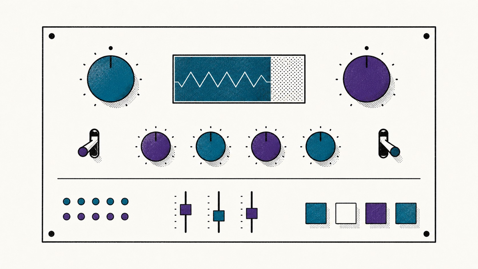 Two-color editorial illustration of an industrial control panel — teal and purple dials, toggles, and sliders around a central readout — evoking a calculator's inputs and output.