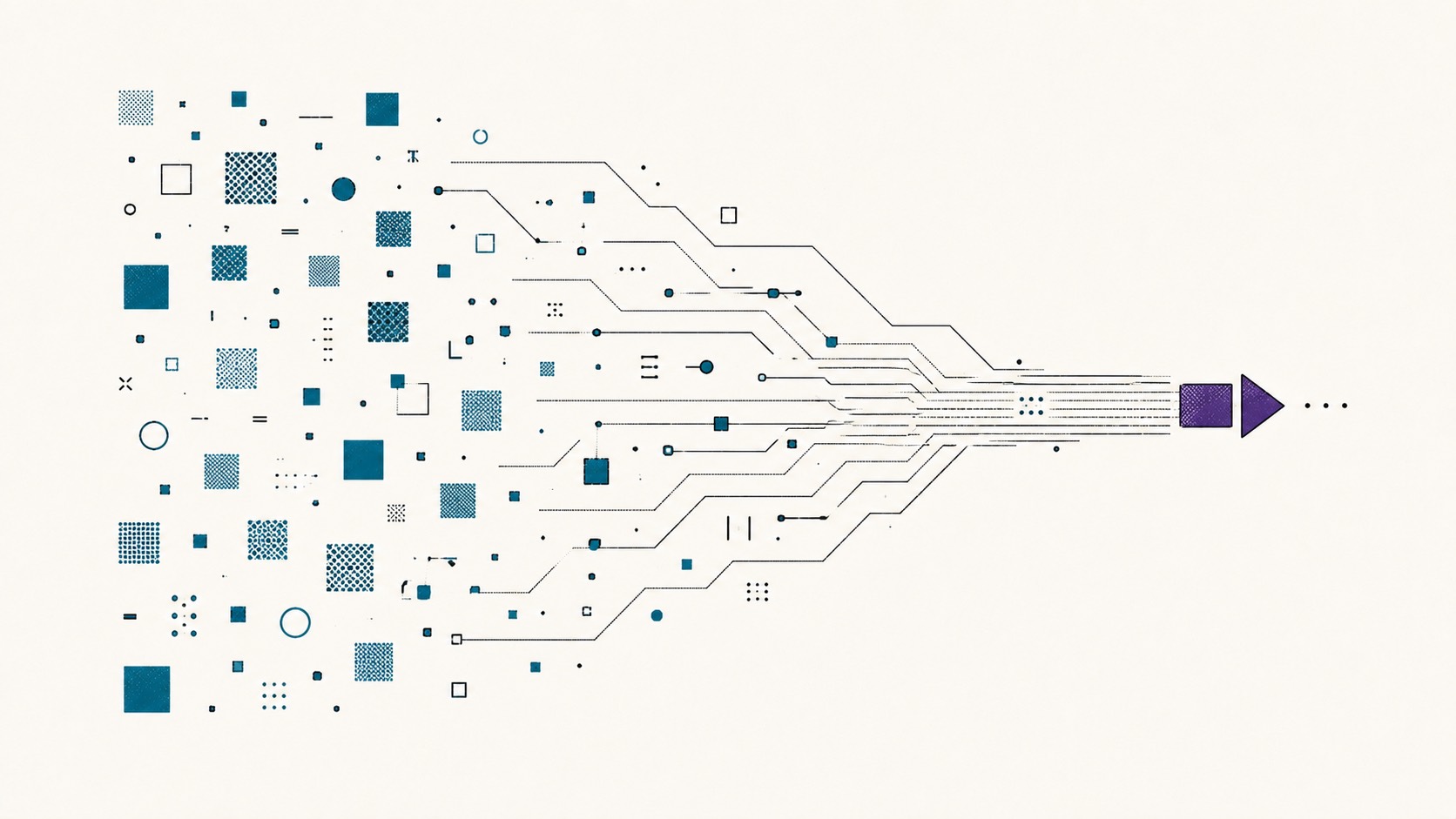 Two-color editorial diagram of scattered teal geometric fragments resolving along converging lines into a single purple arrow — vague inputs sharpening into a decisive answer.